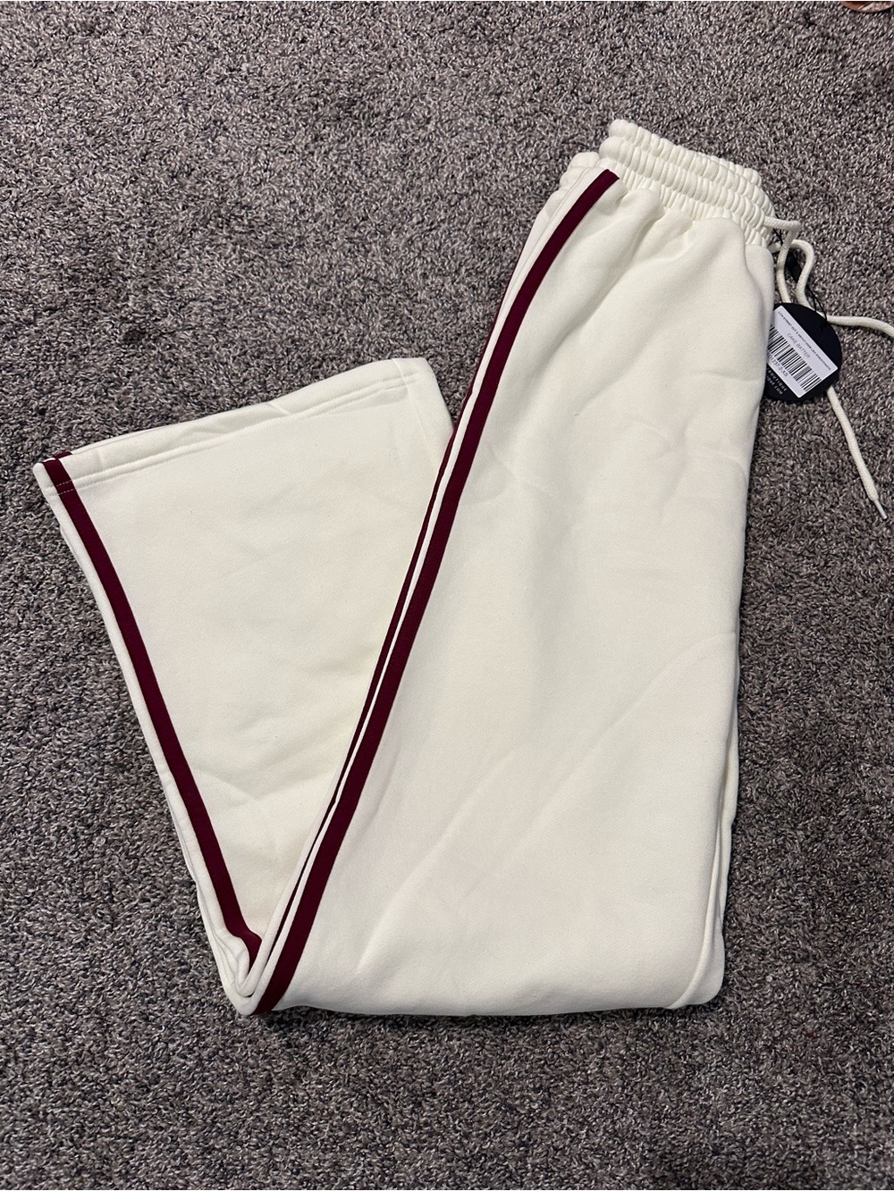 White Fox Cream Sweat Pants with Maroon Stripe
